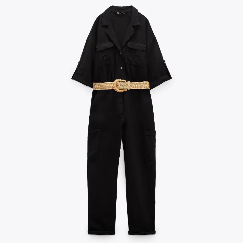

Комбинезон из льна с поясом ZARA, черный