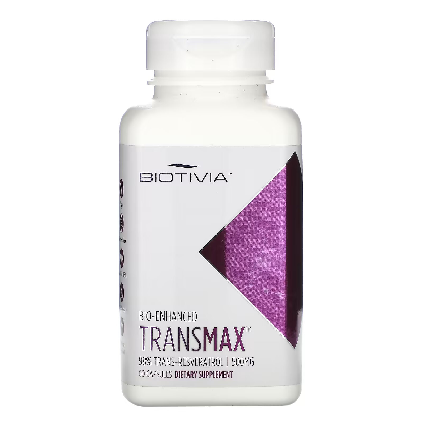 Biotivia, Transmax, 98% транс-ресвератрол, 500 мг, 60 капсул транс ресвератрол 600 doctor s best 600 мг 60 капсул