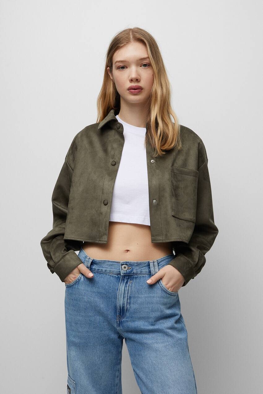 Короткая куртка из искусственной замши Pull&Bear, хаки