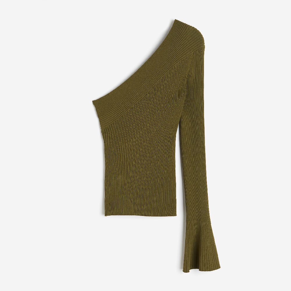 Топ H&M Rib-knit One-shoulder, темно-зеленый