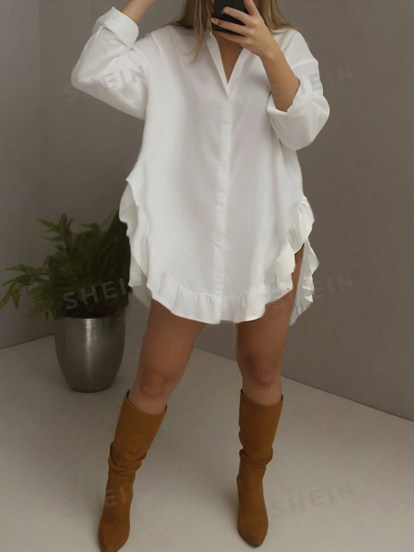 SHEIN Privé женская однотонная рубашка с отложным воротником и рюшами на подоле, белый