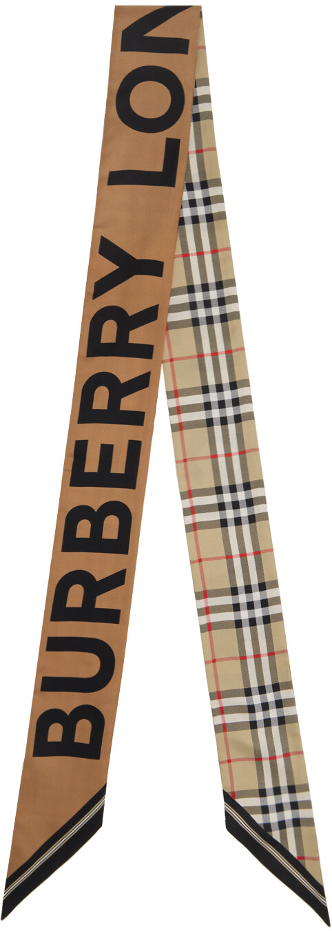 

Бежево-коричневый узкий шелковый шарф в клетку Burberry