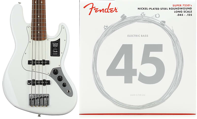 

Fender Player Jazz Bass V - Polar White с накладкой на гриф Pau Ferro в комплекте со струнами Fender 72505M из никелированной стали для бас-гитары - 5-струнная мензура средней длины .045-.125 0149953515=1 0737250456=1