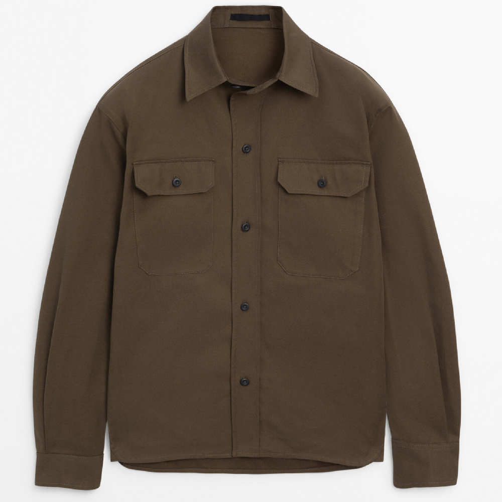 Куртка-рубашка Massimo Dutti 100% Cotton With Pockets, темный хаки рубашка massimo dutti wool removable lining чёрный