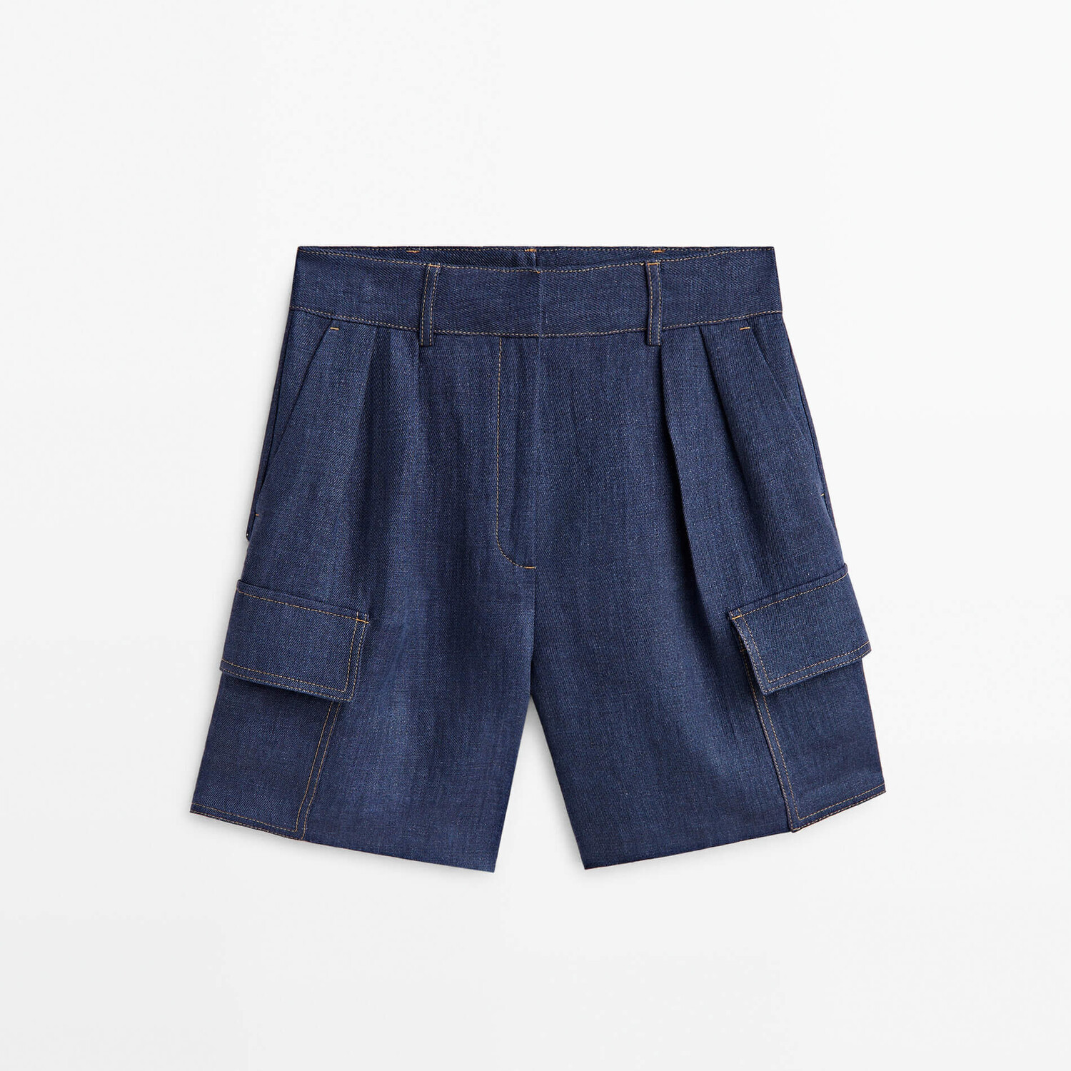 

Шорты Massimo Dutti Linen Cargo Bermuda With Topstitching, темно-синий