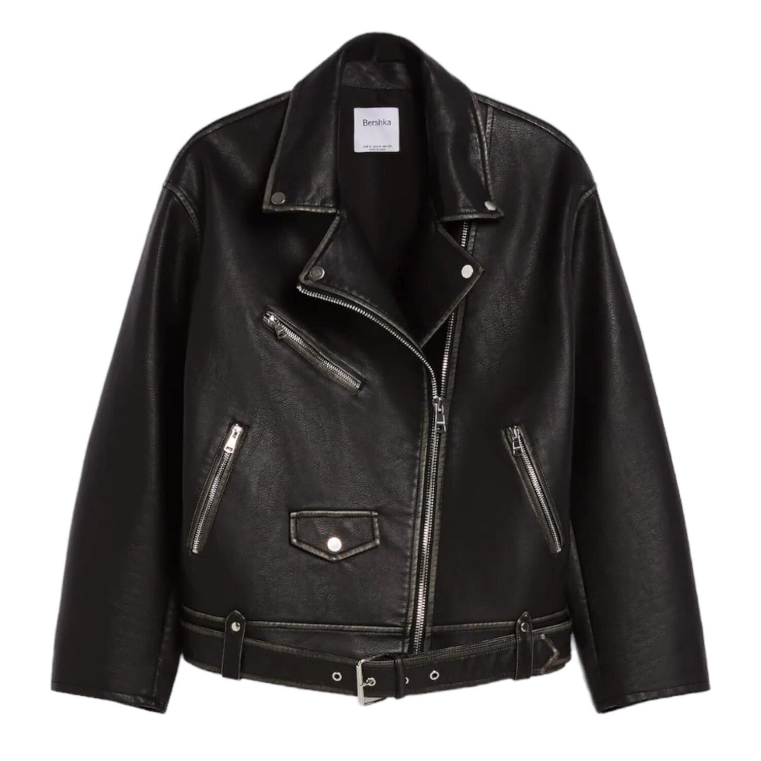 

Куртка Bershka Belted Faux Leather Biker, черный
