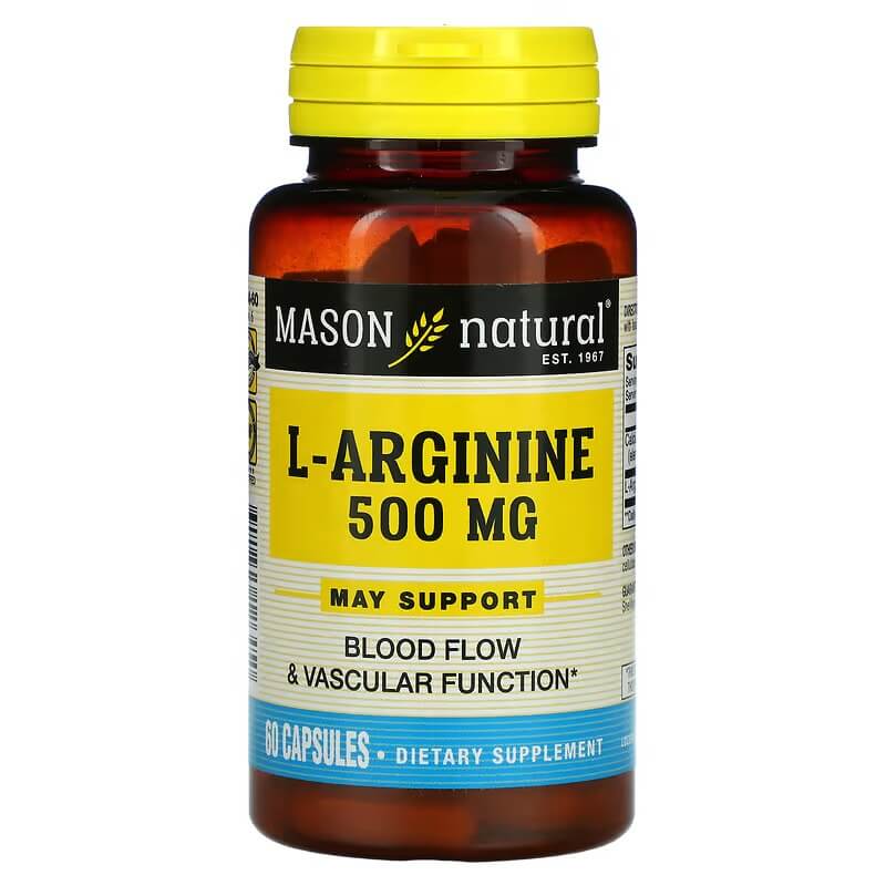 L-аргинин Mason Natural 500 мг, 60 капсул swanson максимальная сила l аргинин akg powder natural citrus 12 9 унций 368 г