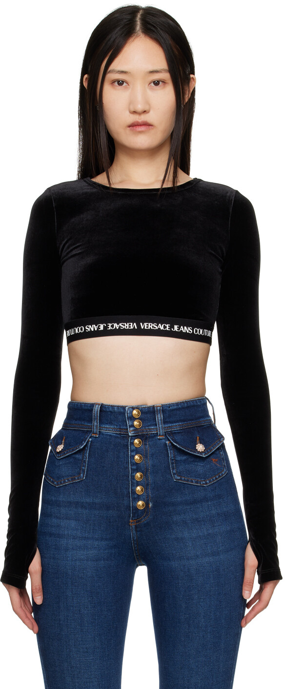 

Черная укороченная футболка с длинным рукавом Versace Jeans Couture