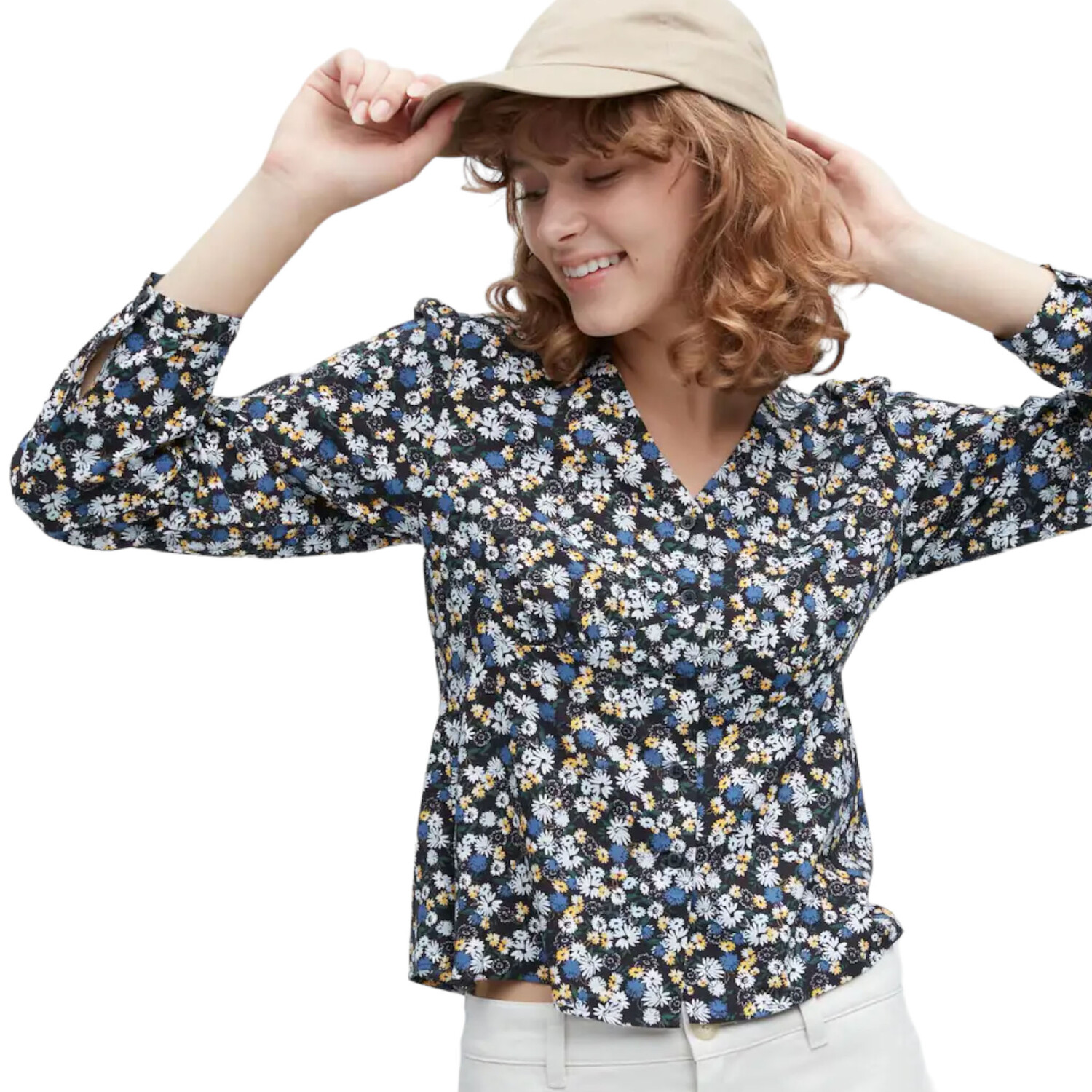 

Блуза Uniqlo Printed V Neck Long Sleeved, синий