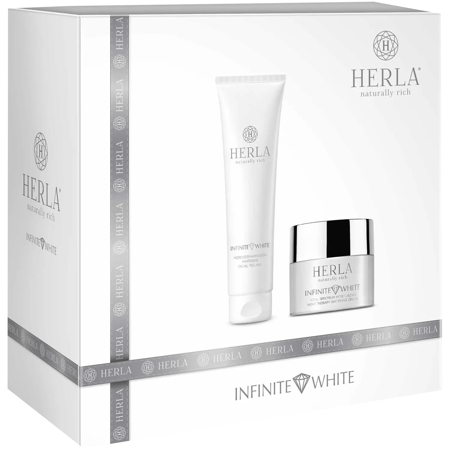 

Herla Infinite White набор: увлажняющий ночной крем для лица отбеливающий пигментные пятна, 50 мл + скраб для лица, 150 мл