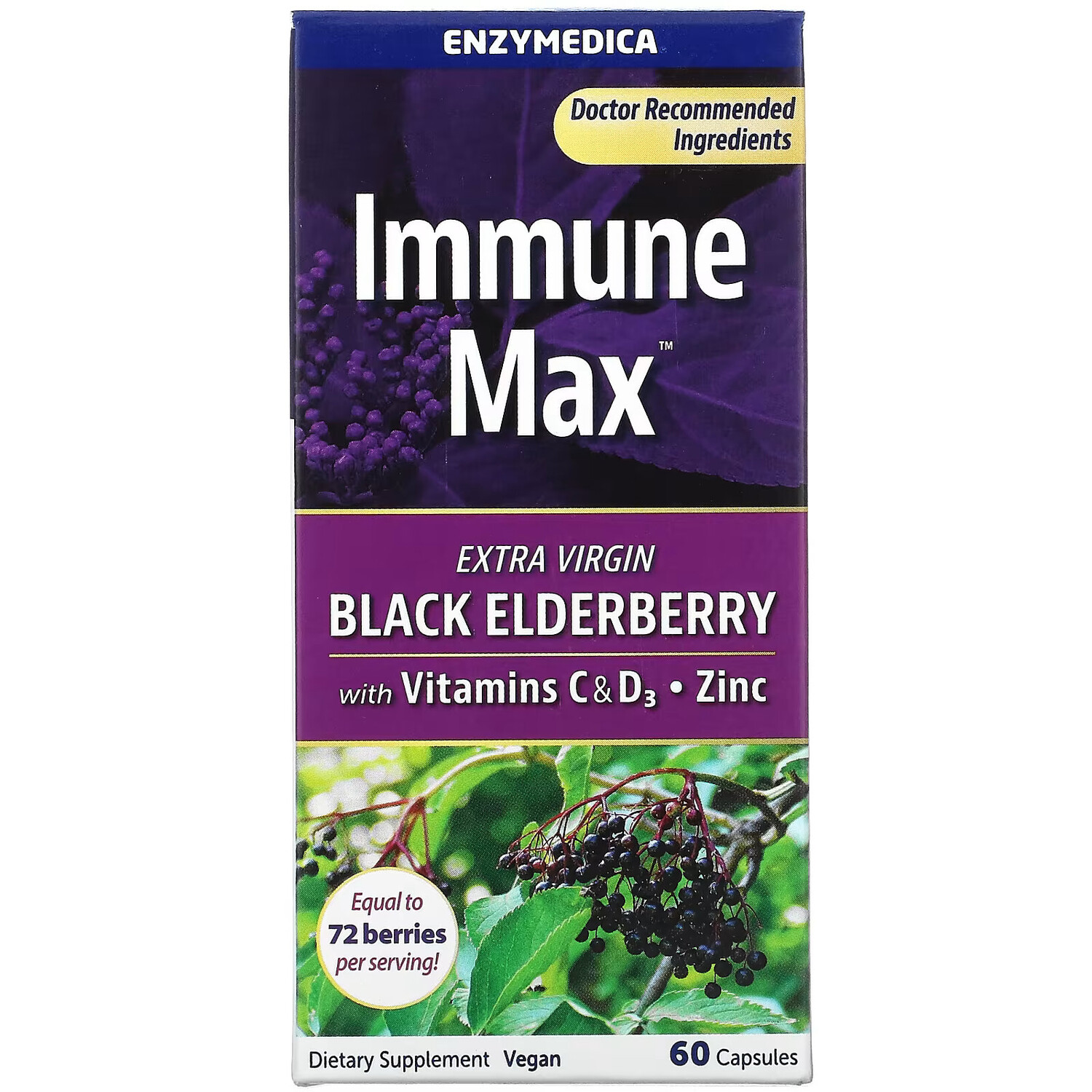 

Enzymedica, Immune Max, черная бузина с витаминами C и D3, цинком, 60 капсул