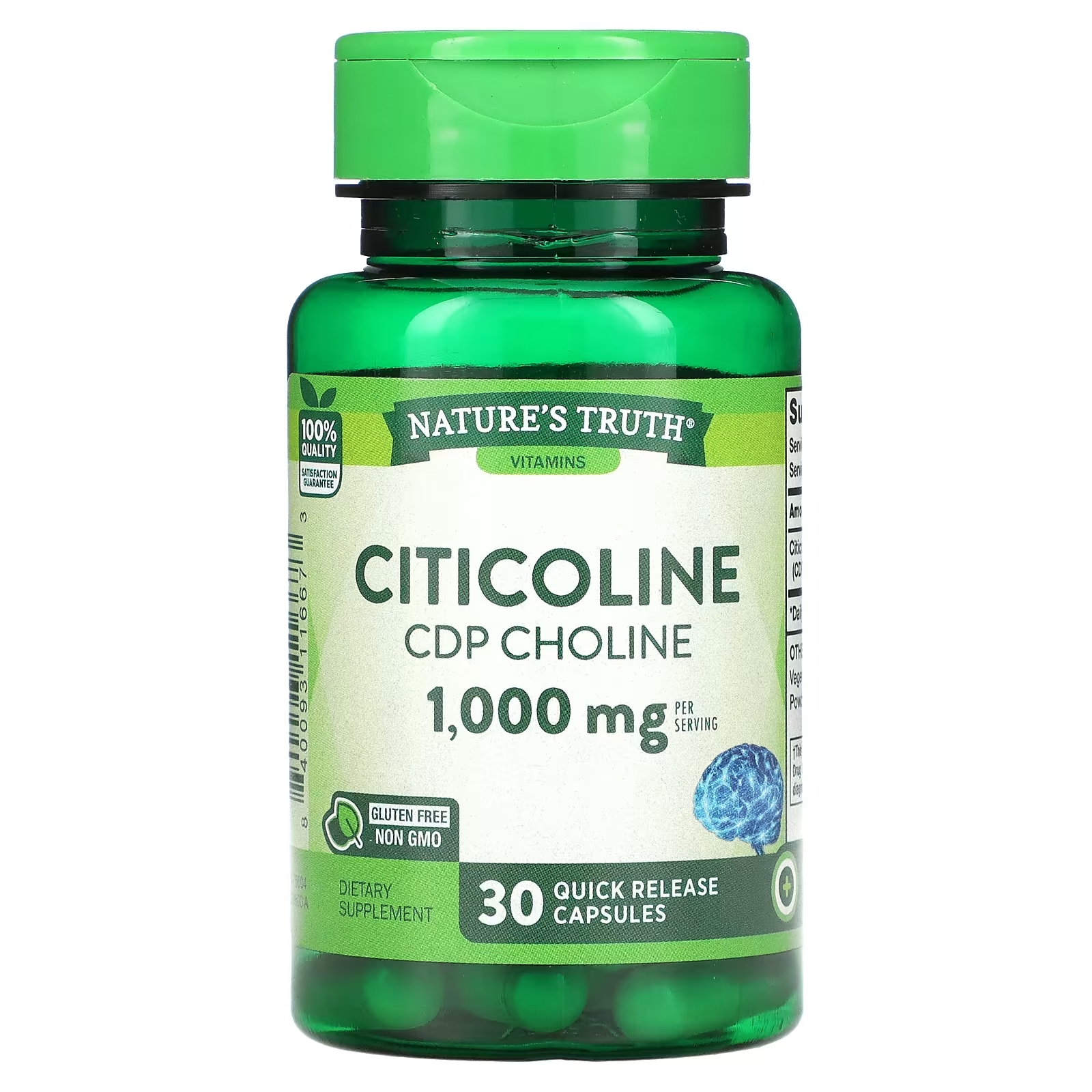 Nature's Truth Citicoline CDP Choline 1000 мг с быстрым высвобождением, 30 капсул nature s truth экстракт семян расторопши 1000 мг 100 капсул с быстрым высвобождением