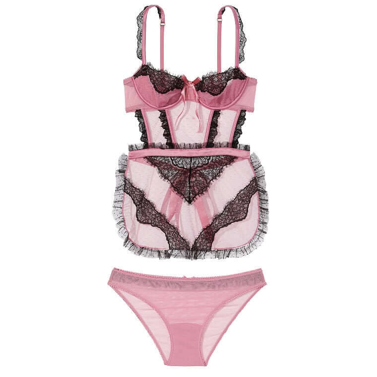 

Комплект белья Victoria's Secret Very Sexy Wicked Unlined Sheer Dotted Mesh Lace Apron, розовый/черный