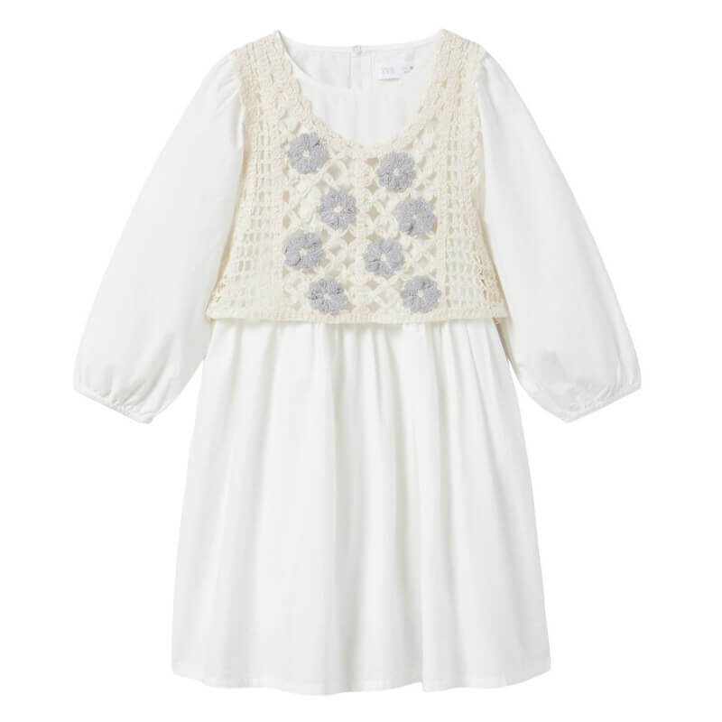 

Платье Zara Kids Combined Poplin With Crochet Vest, белый