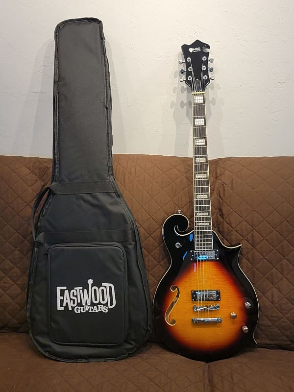 цена Электрогитара Eastwood MRG Series Tone Chambered Mahogany Maple Top Body & Set Neck 6-String Baritone Guitar w/Gig Bag