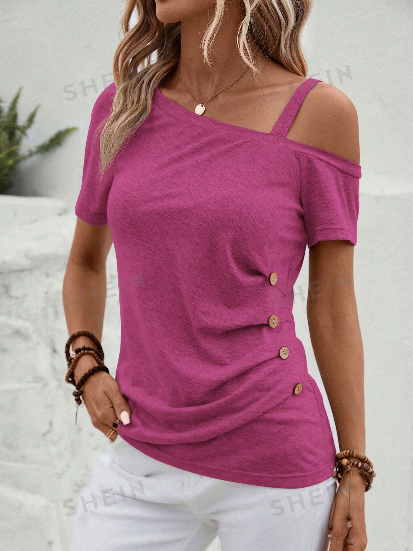 SHEIN Clasi Асимметричная футболка с воротником и пуговицами, ярко-розовый