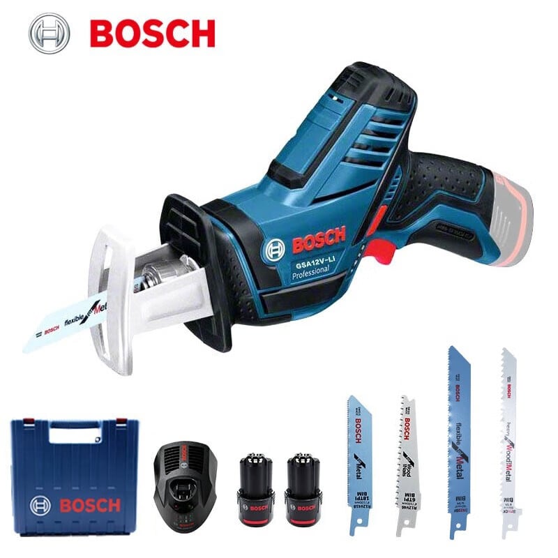 Сабельная пила Bosch GSA12V-Li + две батареи 2.0Ah, зарядка, аксессуары