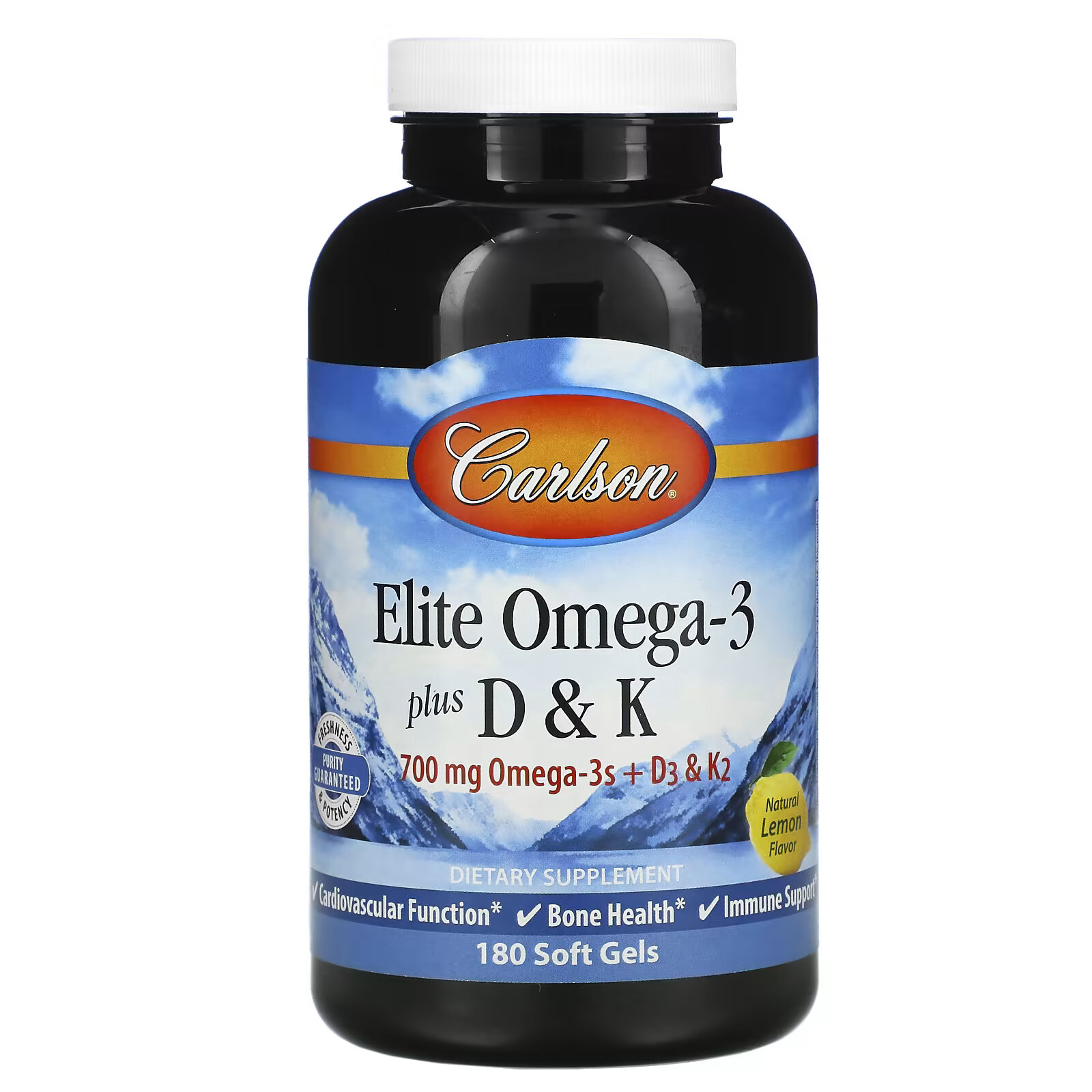 цена Carlson, Elite Omega-3 с витаминами D и K, натуральный вкус лимона, 180 мягких таблеток