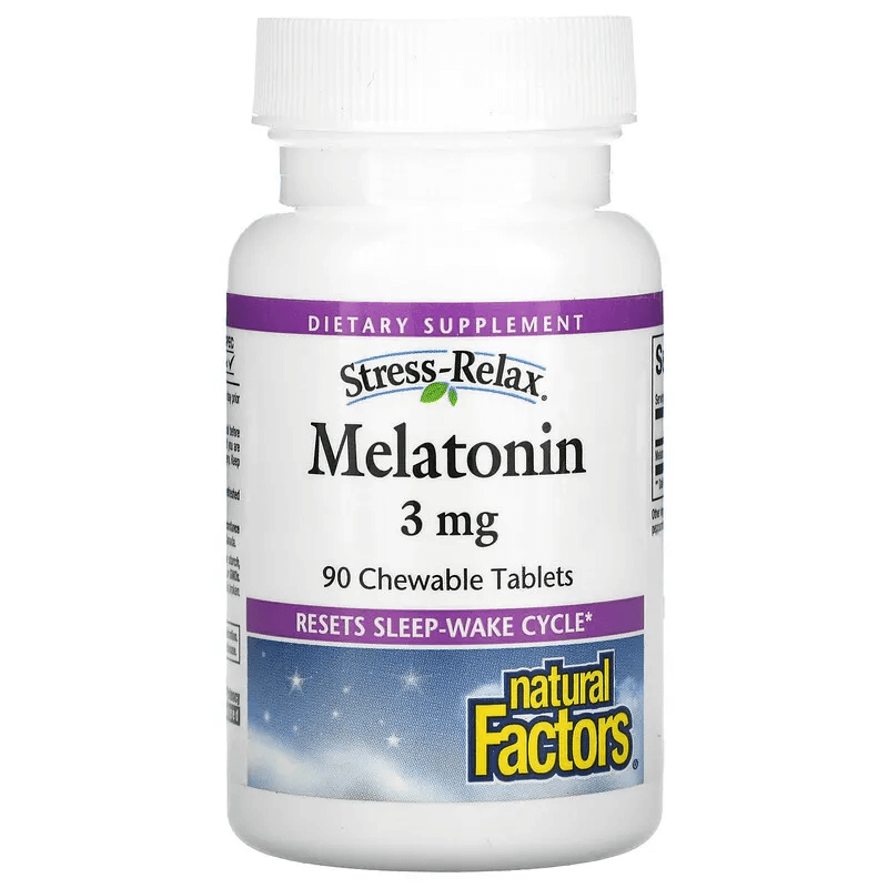 Stress-Relax, мелатонин, 3 мг, 90 жевательных таблеток, Natural Factors natural factors stress relax мелатонин 3 мг 180 жевательных таблеток