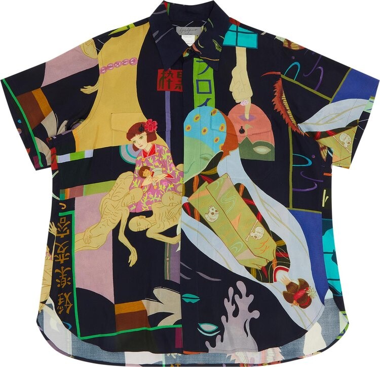 

Рубашка Vintage Yohji Yamamoto Pour Homme Printed Short-Sleeve Shirt 'Navy/Multicolor', синий