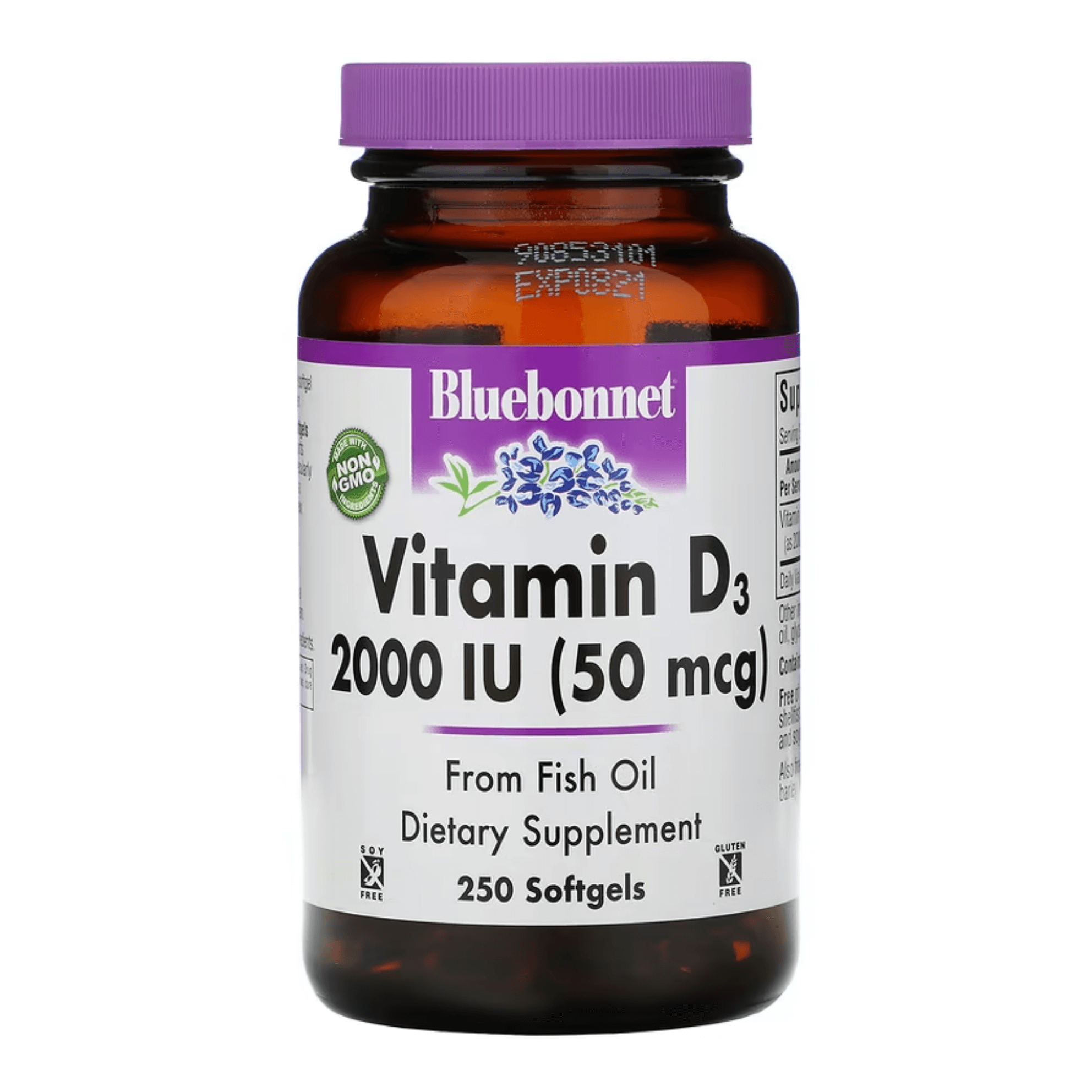 Витамин D3 Bluebonnet Nutrition, 50 мкг (2000 МЕ), 250 капсул california gold nutrition витамин d3 50 мкг 2000 ме 360 рыбно желатиновых капсул