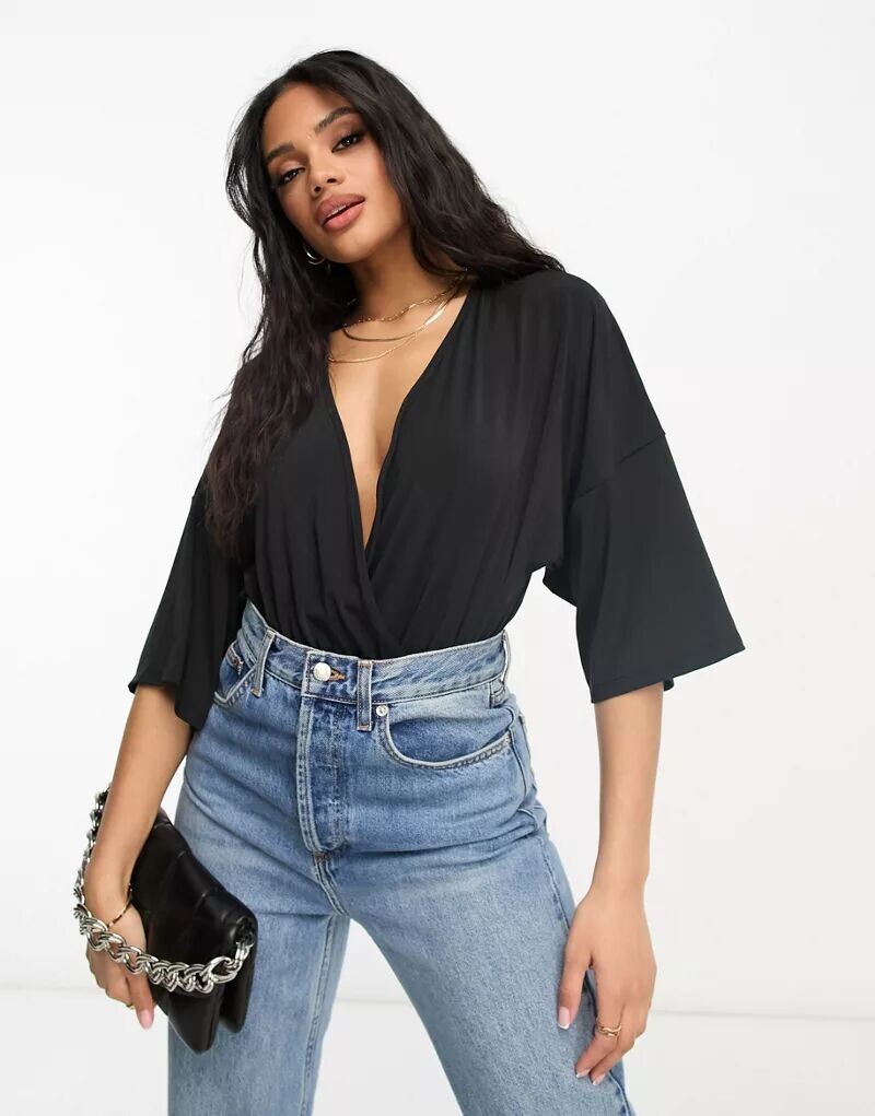 

Черное боди с запахом и рукавами ASOS