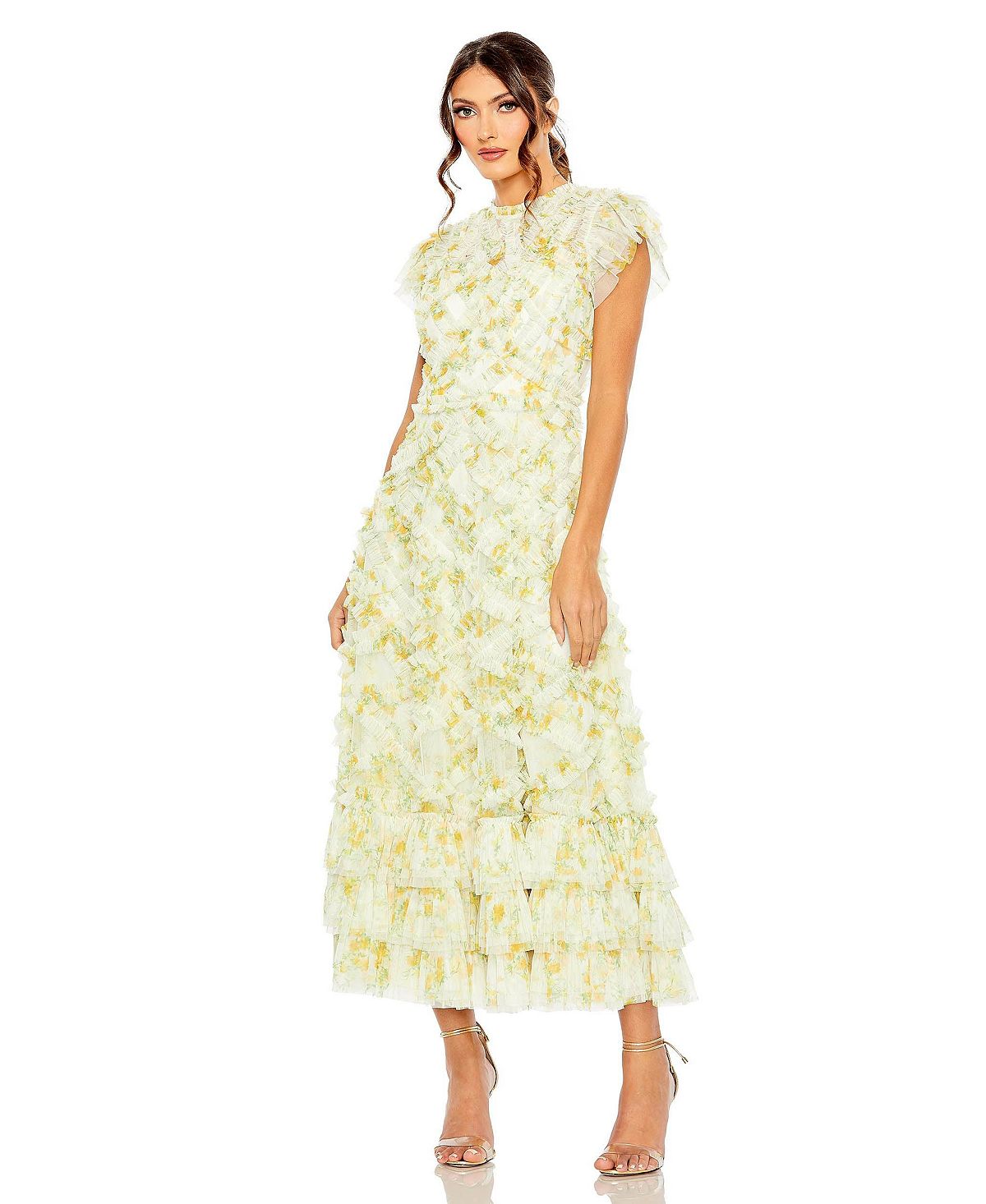 Женское платье с цветочным принтом и высоким воротником, оборками и рукавами MAC DUGGAL