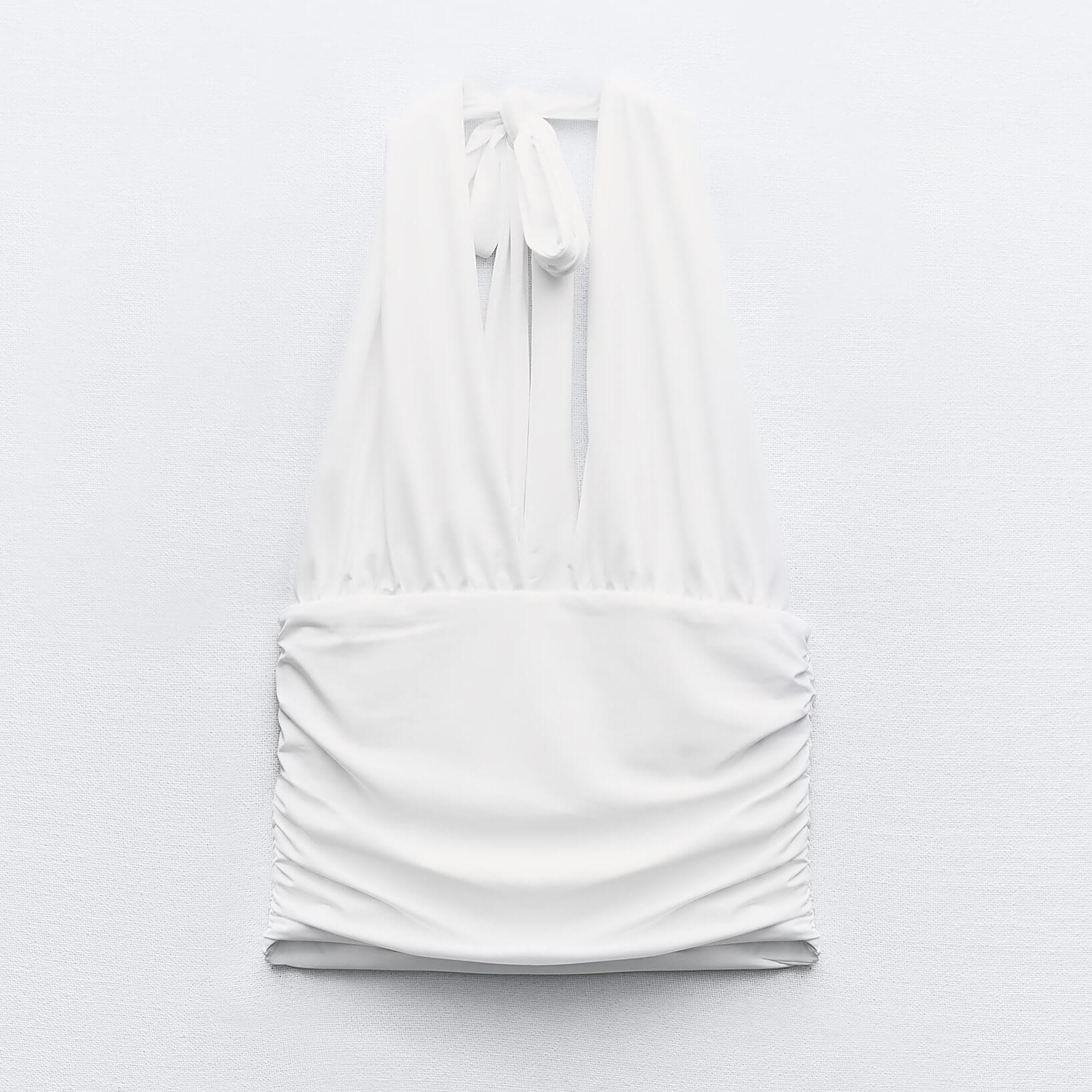 женский короткий топ с глубоким v образным вырезом reistor Кроп топ Zara Polyamide Halter, белый
