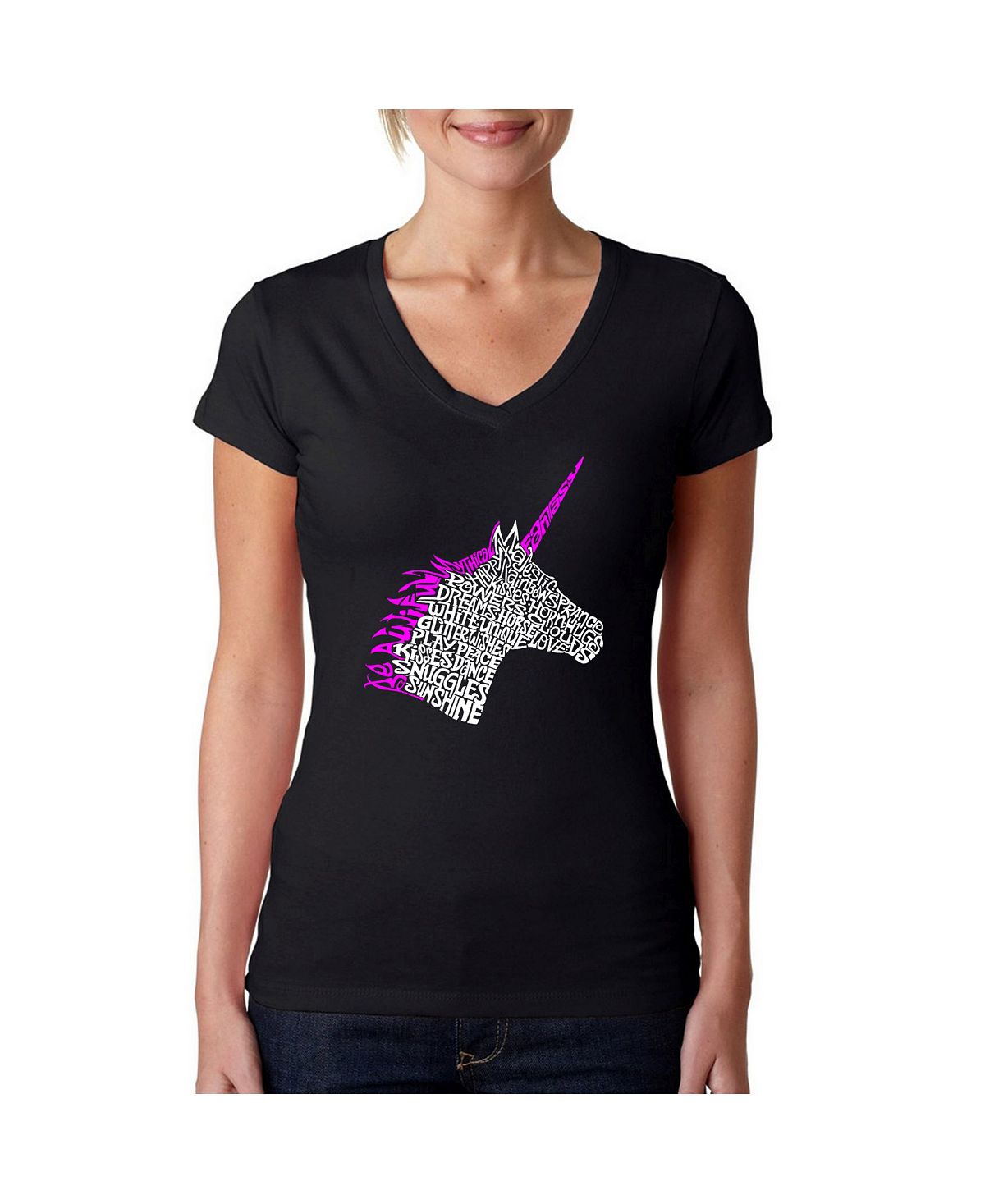 цена Женская футболка word art с v-образным вырезом - unicorn LA Pop Art, черный