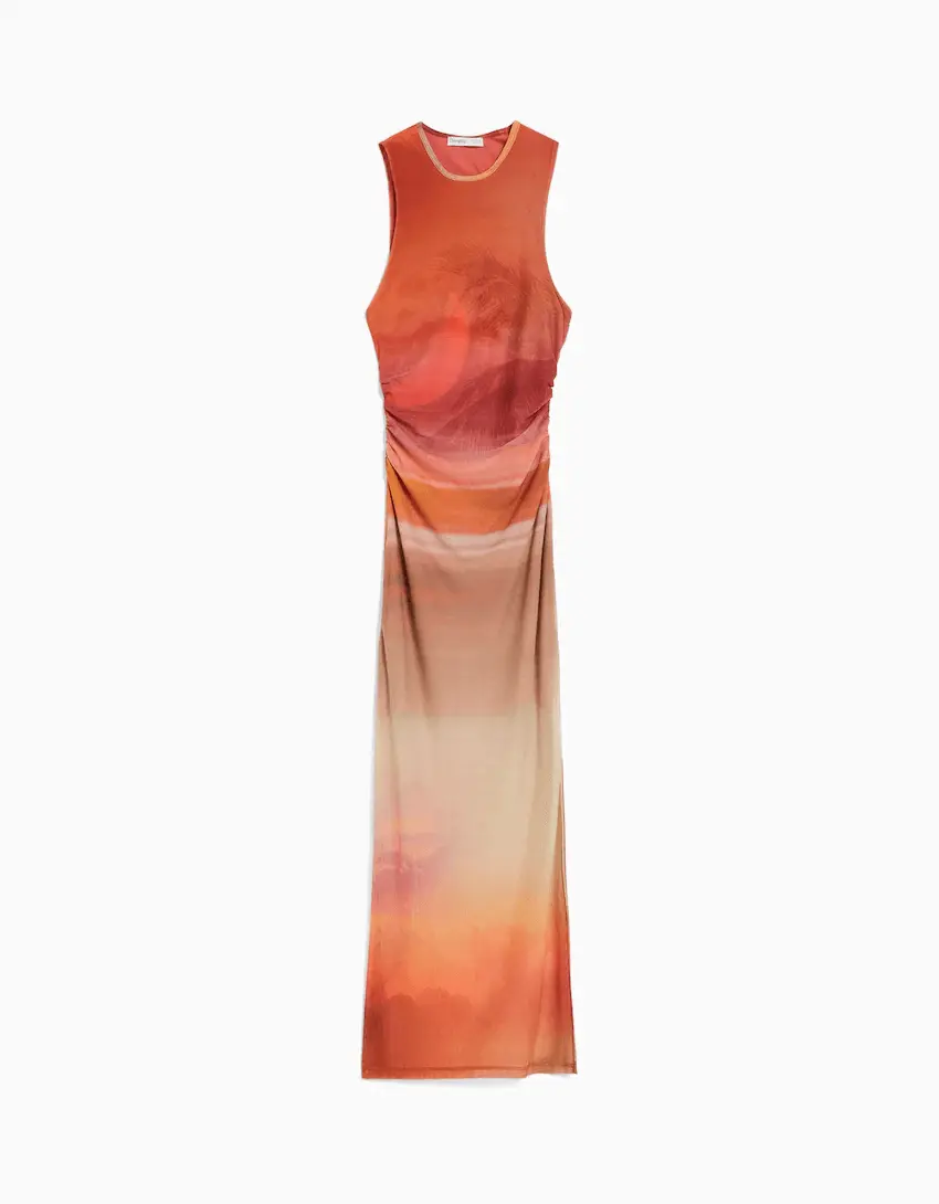 

Платье-миди Bershka Sleeveless Printed Tulle, мультиколор