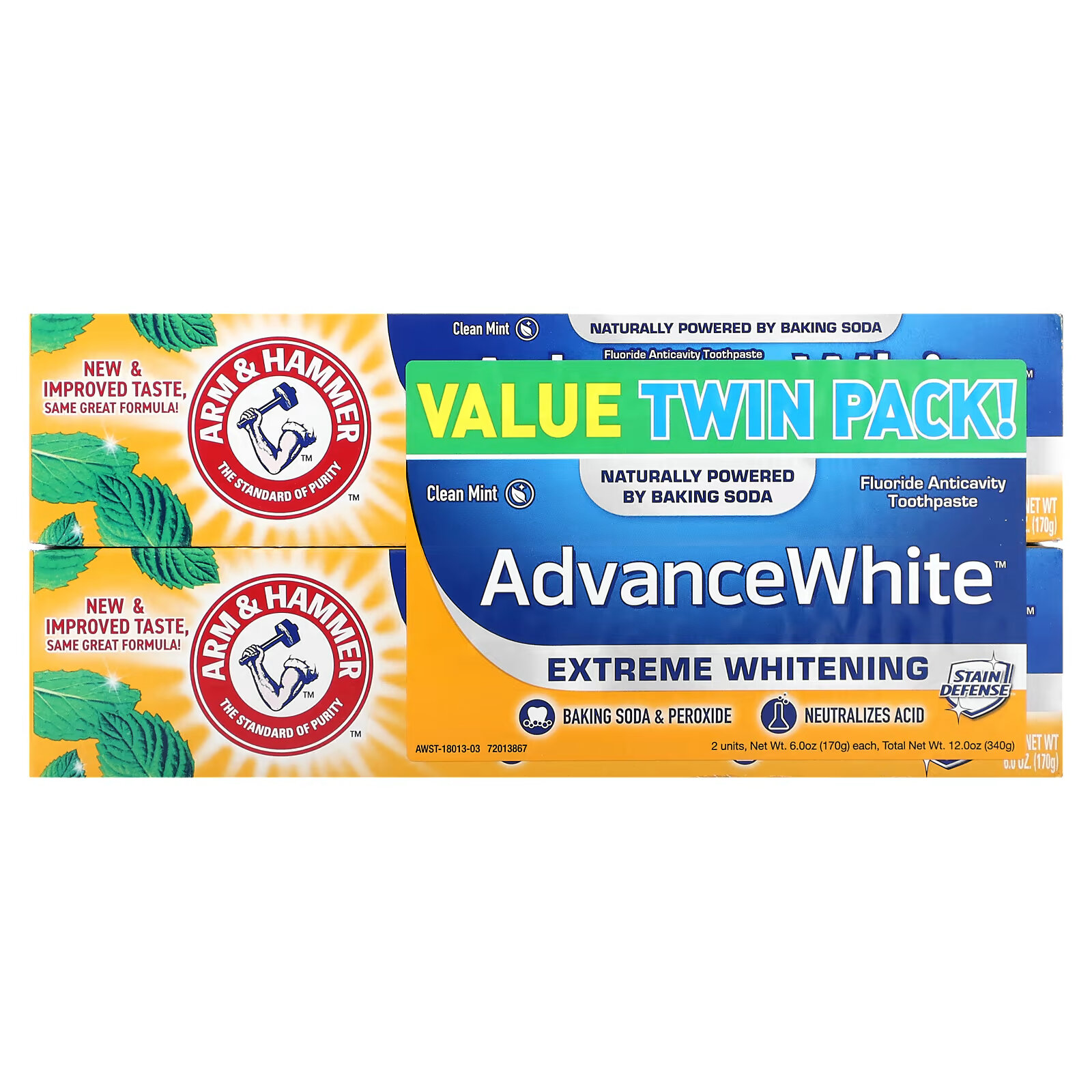 Arm & Hammer, AdvanceWhite, экстремально отбеливающая зубная паста, чистая  мята, двойная упаковка, 170 г (6,0 унции)