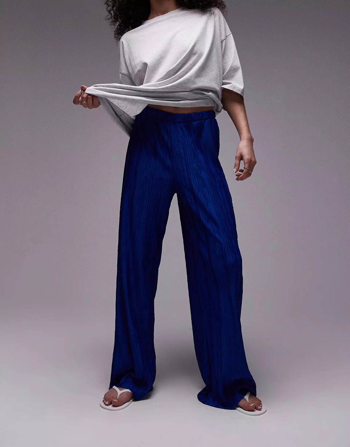 

Брюки Topshop Crinkle Plisse Wide Leg, синий