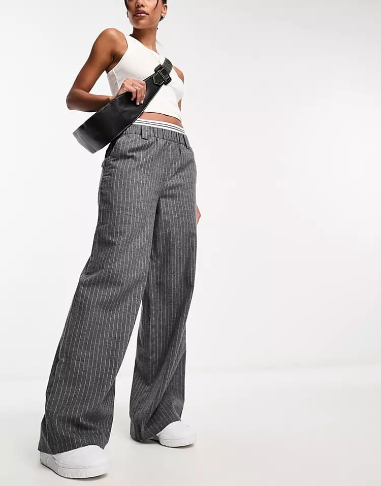 

Брюки в полоску ASOS DESIGN Wide Leg With Waistband Detail, серый