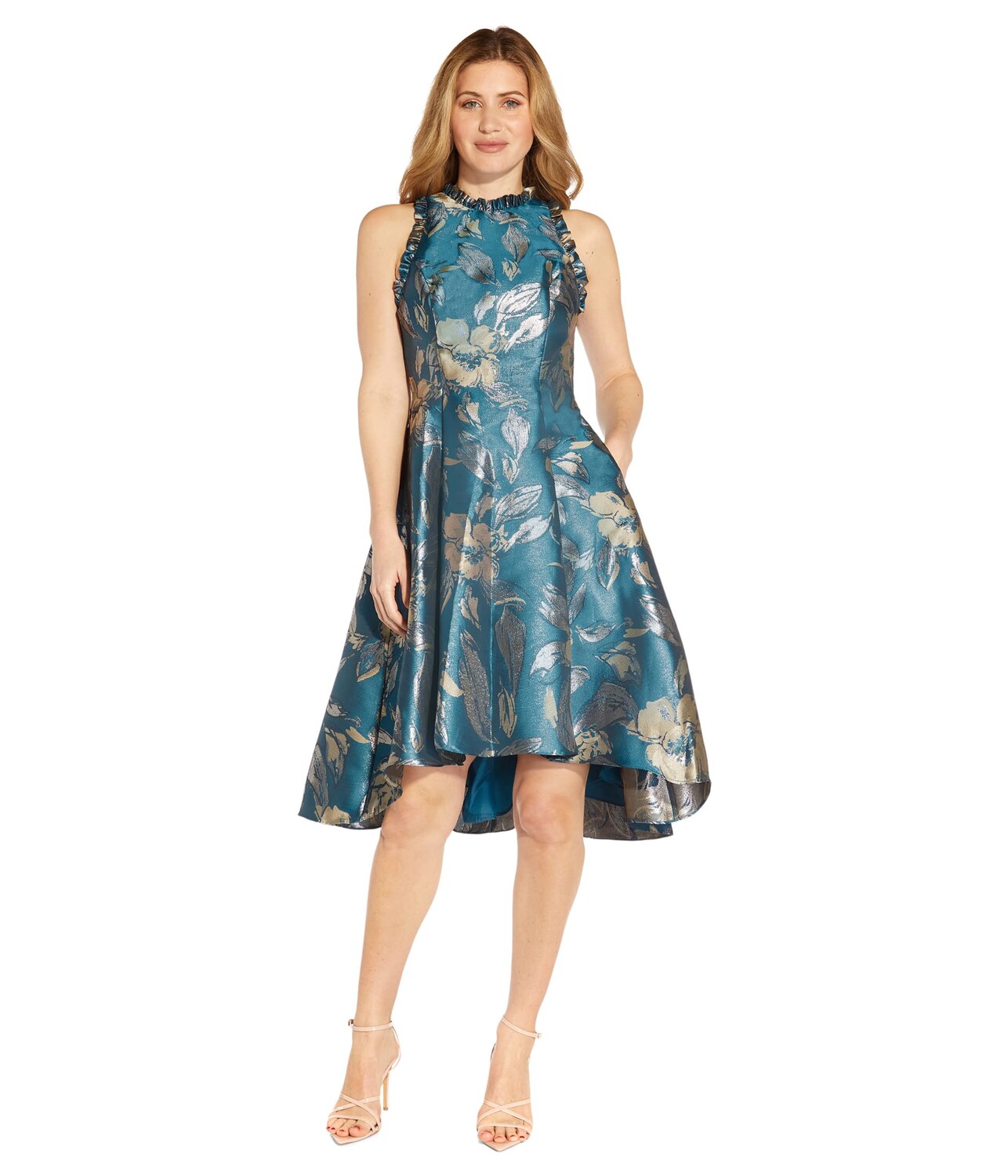 

Платье Adrianna Papell, Ruffle Trim Printed Jacquard Halter Dress