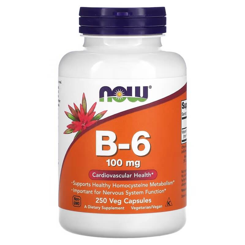 Витамин B-6 NOW Foods 100 мг, 250 растительных капсул дмаэ now foods 250 мг 100 растительных капсул