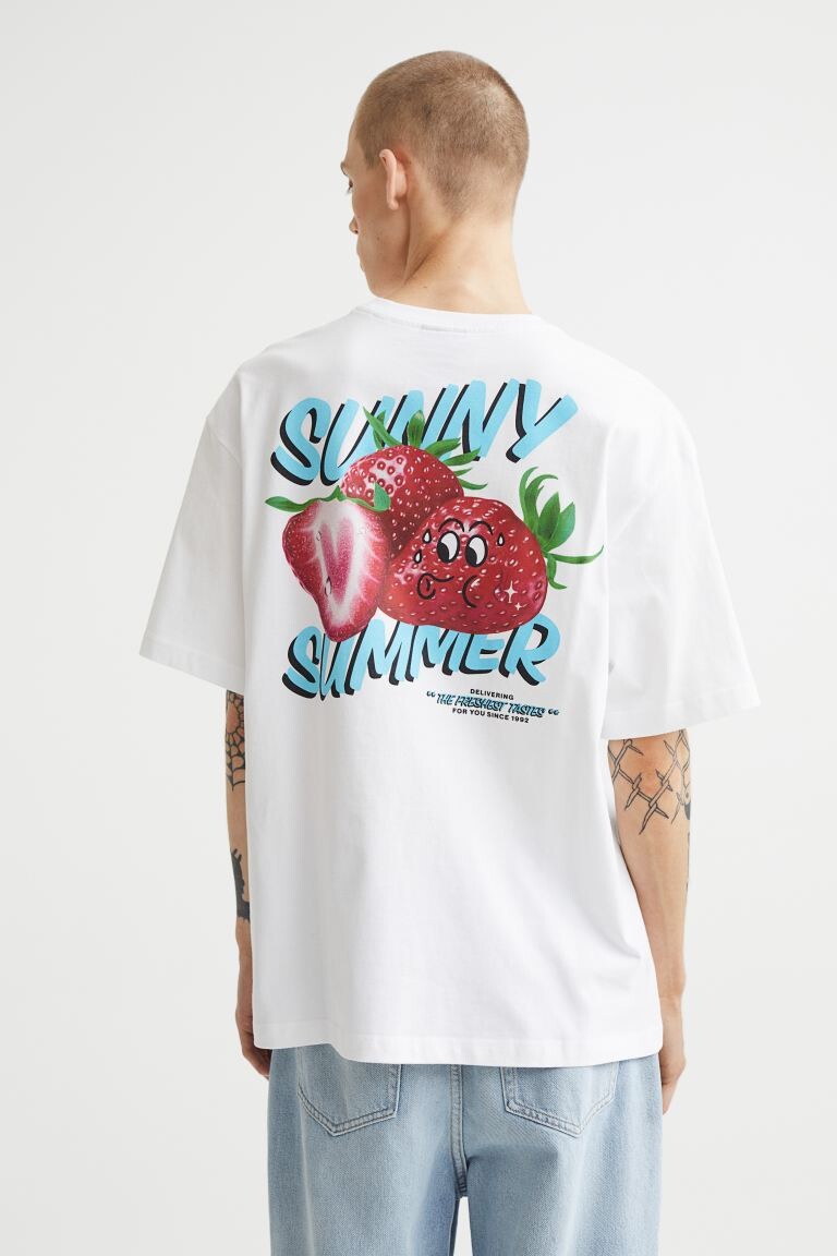 

Хлопковая футболка свободного кроя H&M, белый/клубничный