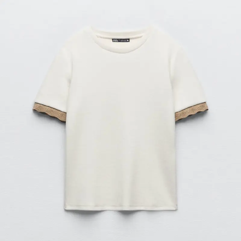 

Футболка Zara Embellished Trim, бежевый/коричневый