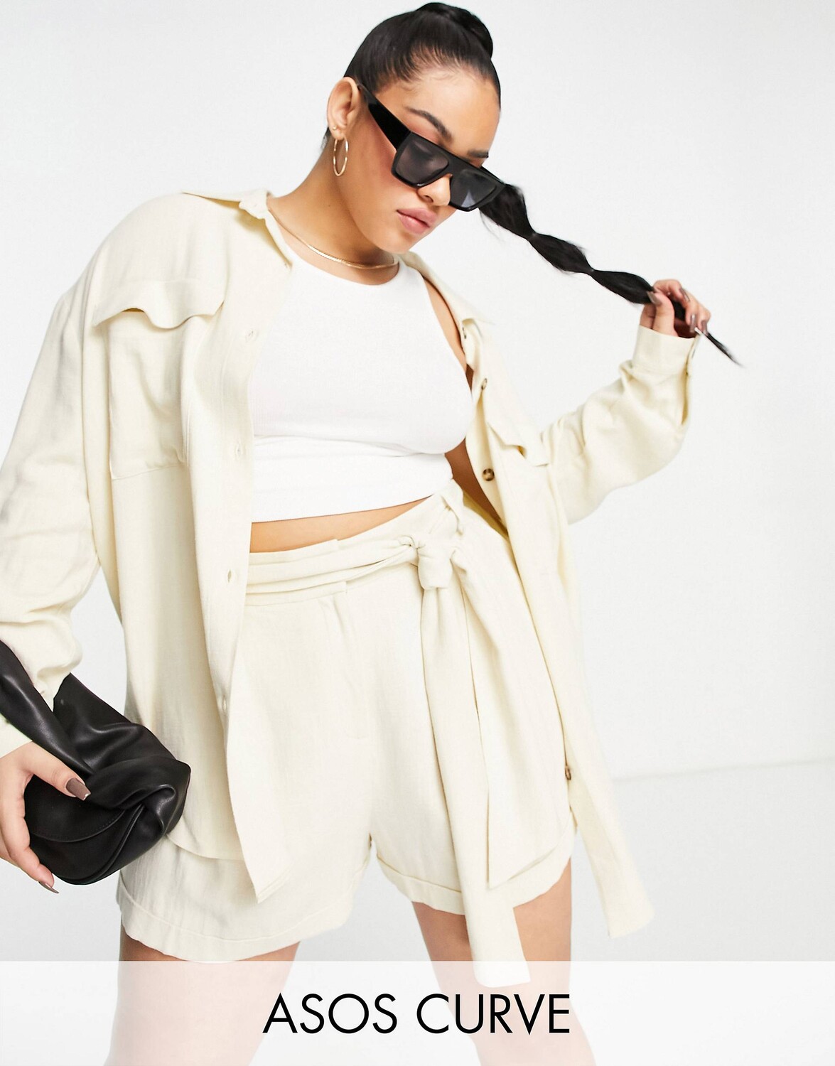 

Кремовые льняные шорты с завязками на талии ASOS DESIGN Curve