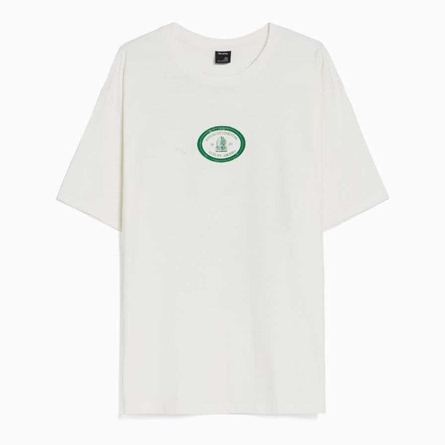 

Футболка Bershka Print Boxy Fit Short Sleeve, белый