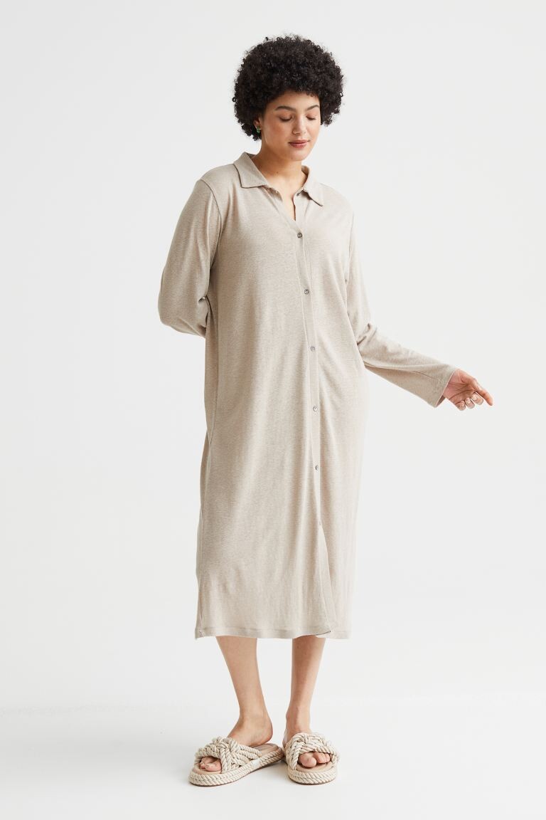 

Платье-рубашка из смесового льна H&M, бежевый меланж