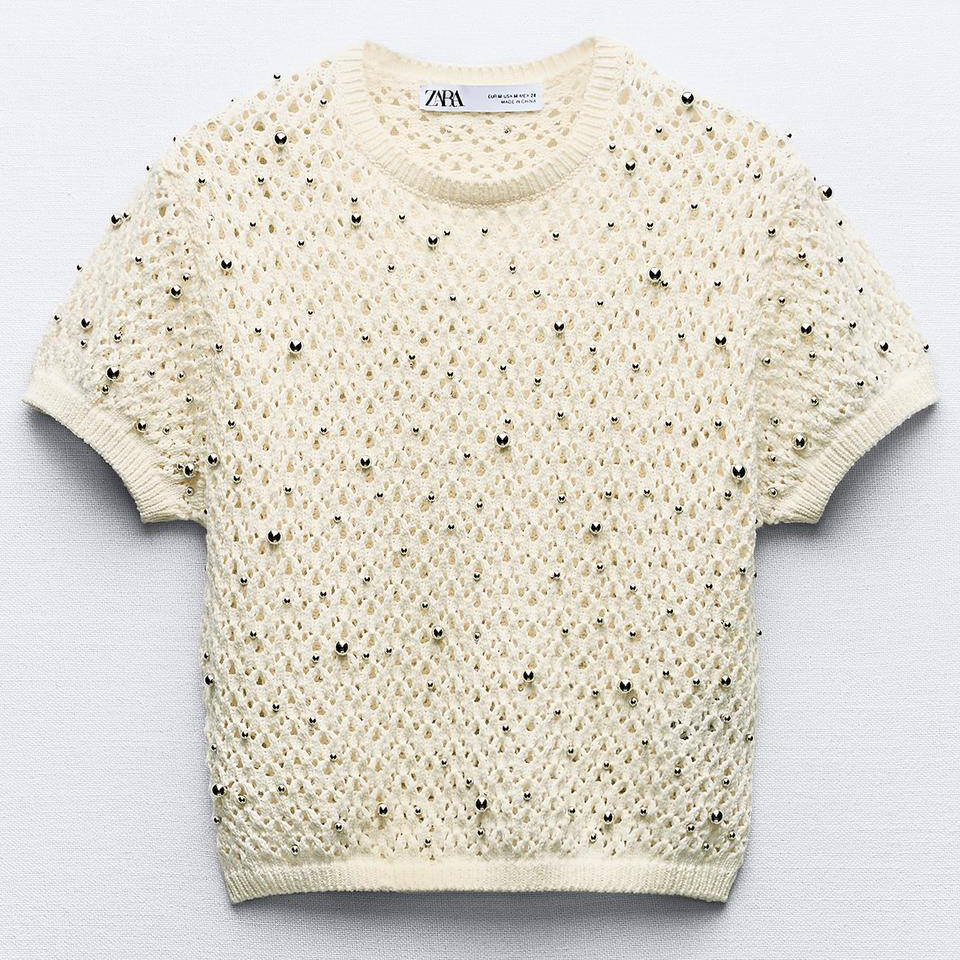 

Топ Zara Pointelle Knit With Beads, кремово-белый