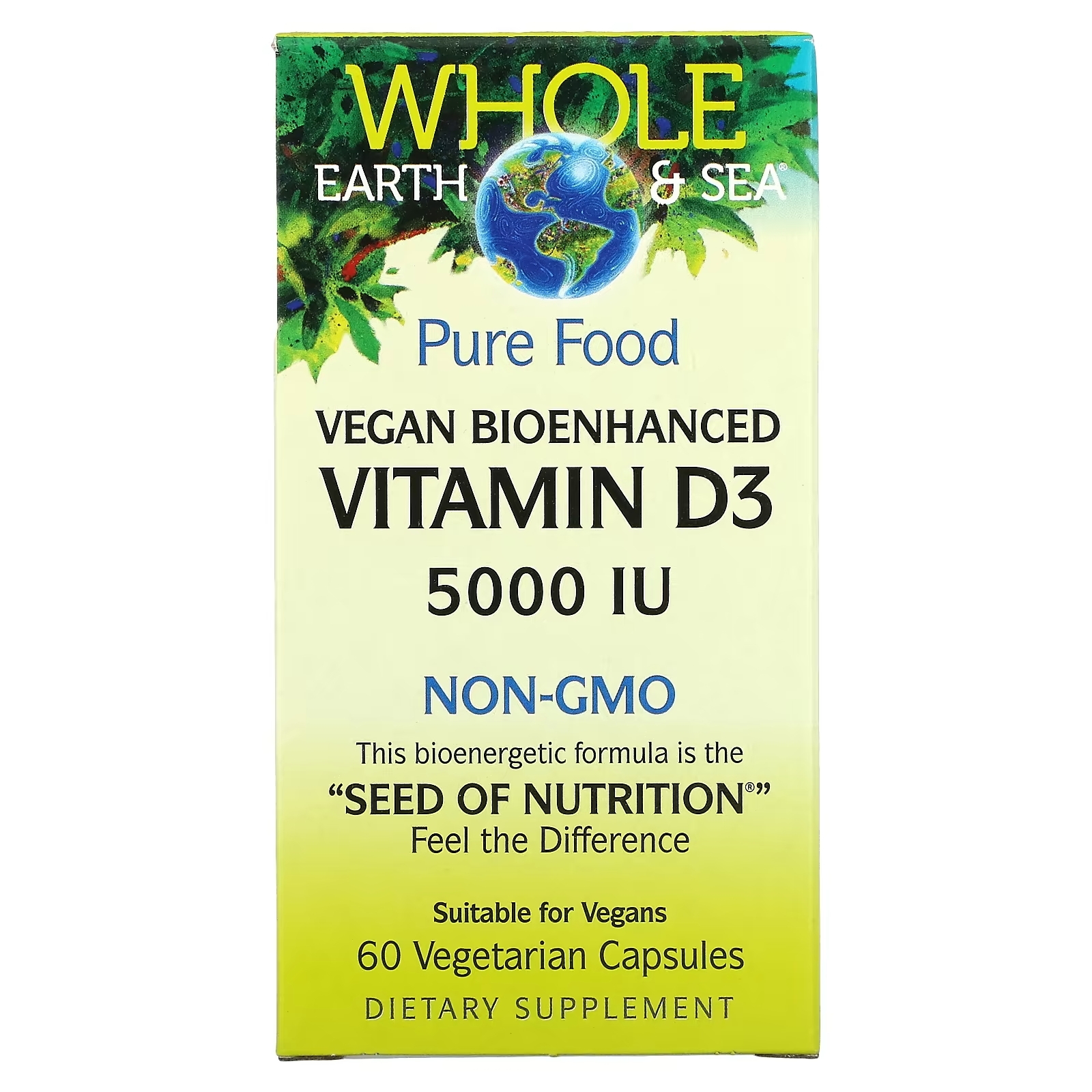 Natural Factors Whole Earth & Sea Веганский биоусиленный витамин D3 5000 МЕ, 60 вегетарианских капсул