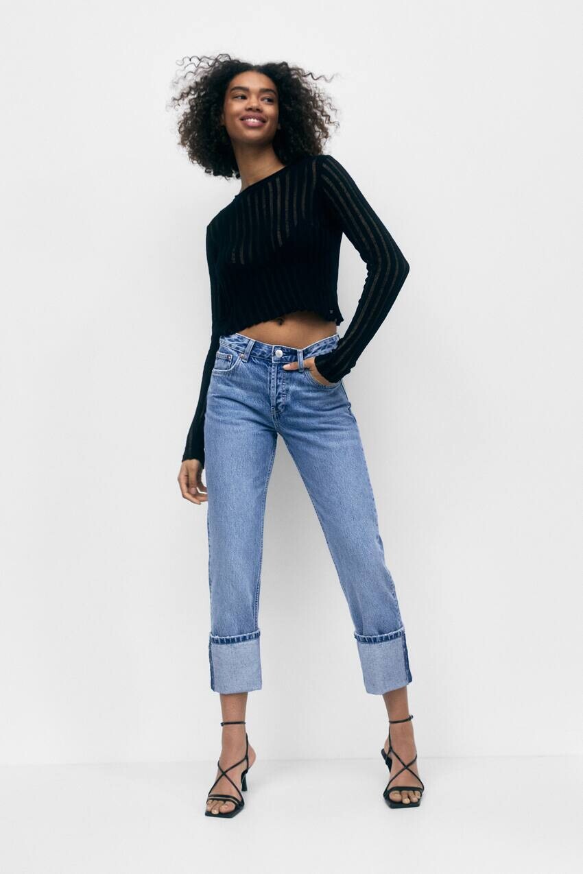

Джинсы прямого кроя с отворотами Pull&Bear, синий