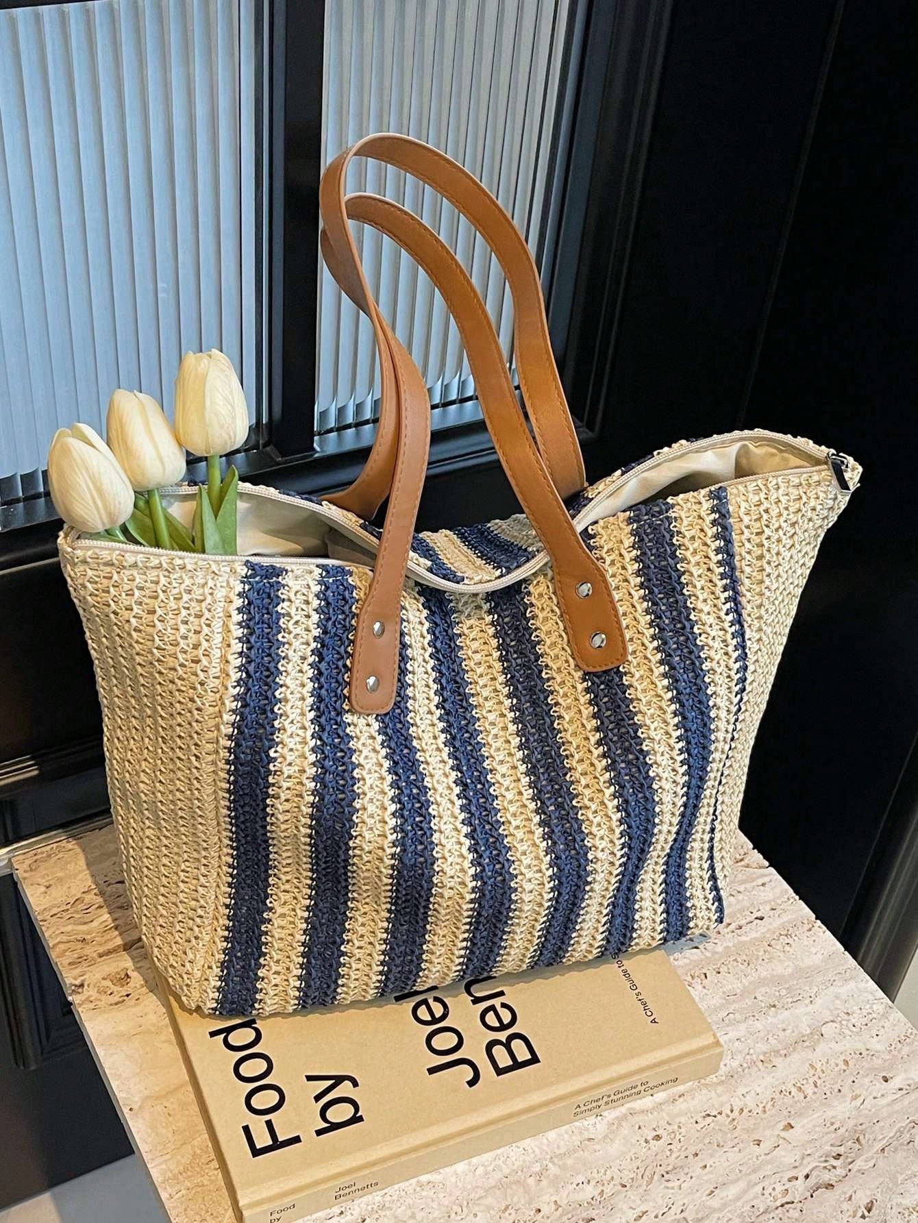 Плетеная соломенная сумка с цветными блоками для женщин, синий
