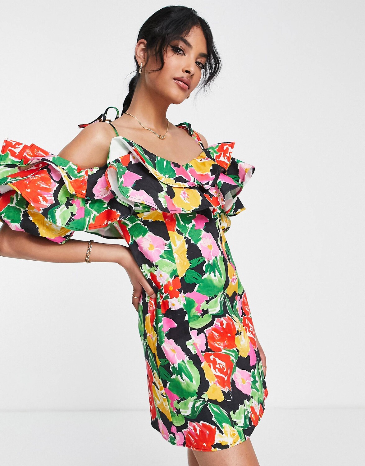 

Разноцветное мини-платье Topshop из смесового хлопка с яркими цветочными рюшами