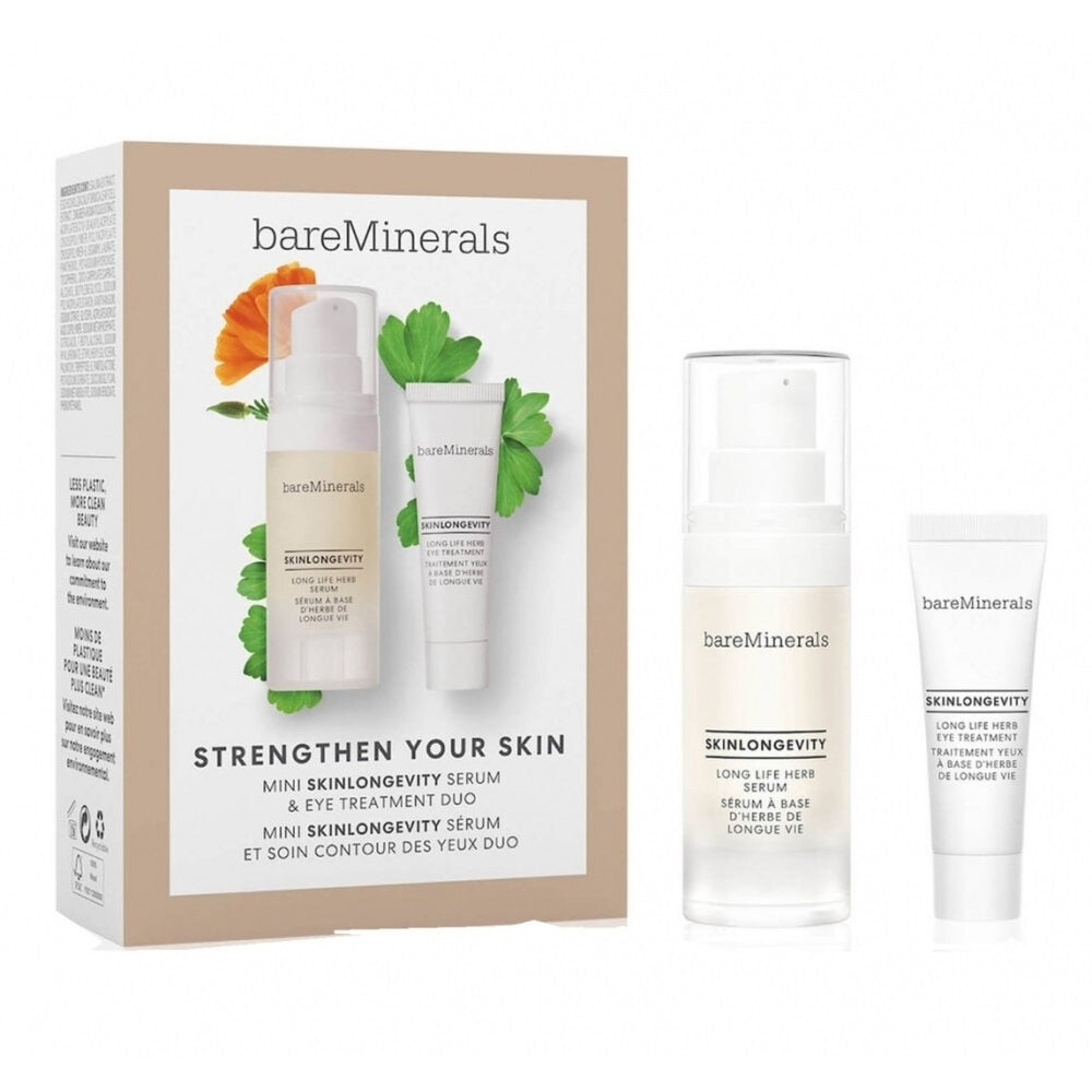 

bareMinerals Укрепите свою кожу Mini Skinlongevity Serum & Eye Treatment Duo set травяной крем для глаз 5г + травяная сыворотка для лица 15мл