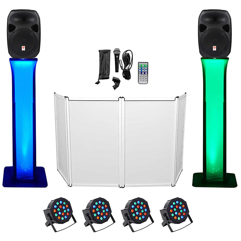 DJ-пакет с двумя 12-дюймовыми Bluetooth-динамиками + микрофон + штатив + тотемные стойки + фасад + освещение Rockville RPG122K+(2) RTP32W+RFAAW PACK