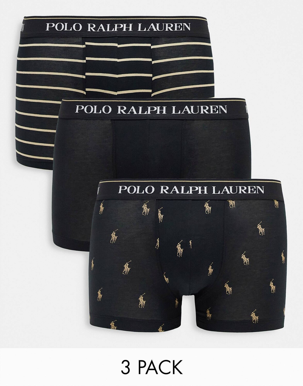 

Эксклюзивные 3 комплекта трусов Polo Ralph Lauren в черно-коричневом цвете с узором \"пони\" и полосками по всей поверхности.