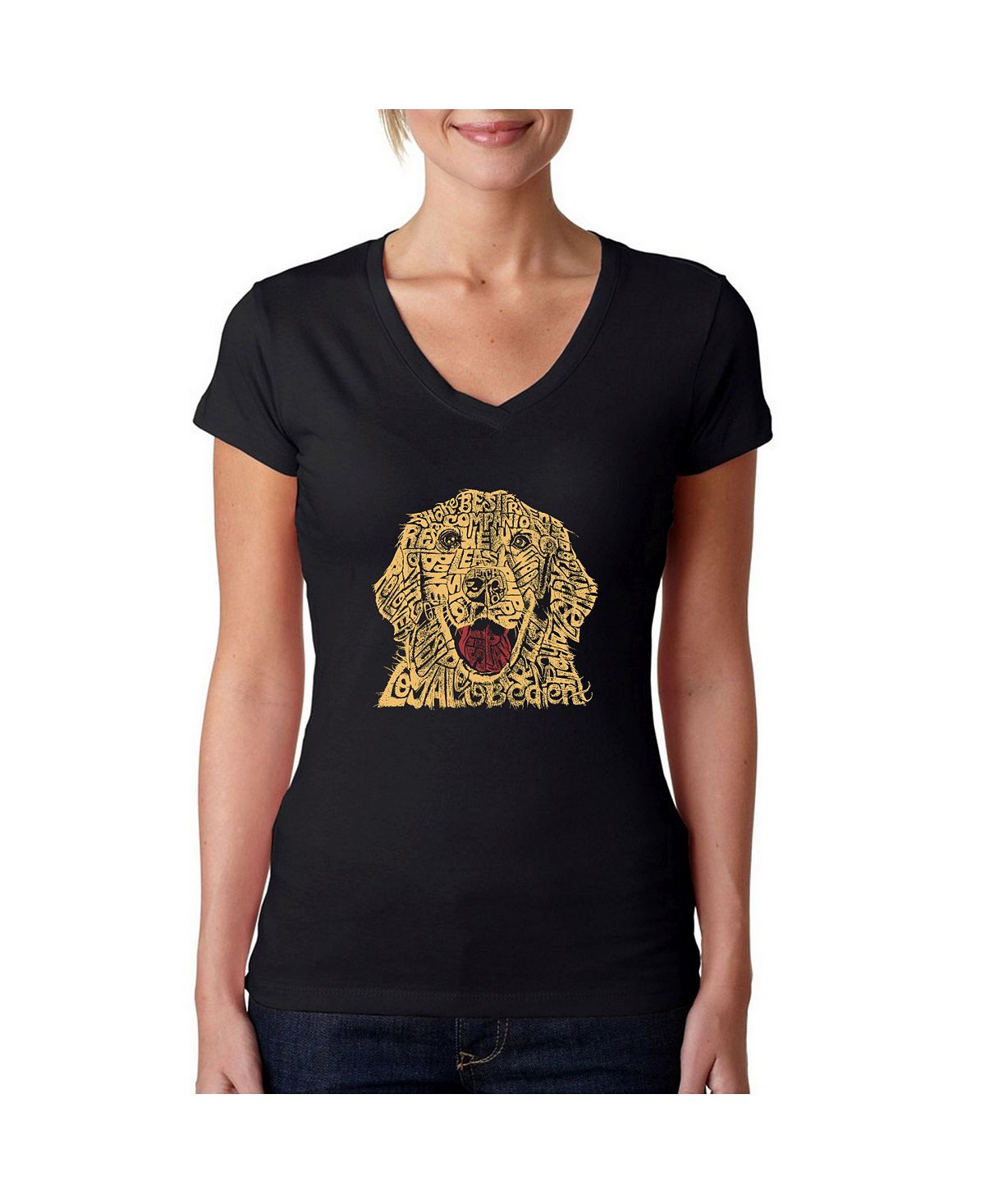 цена Женская футболка word art с v-образным вырезом - собака LA Pop Art, черный