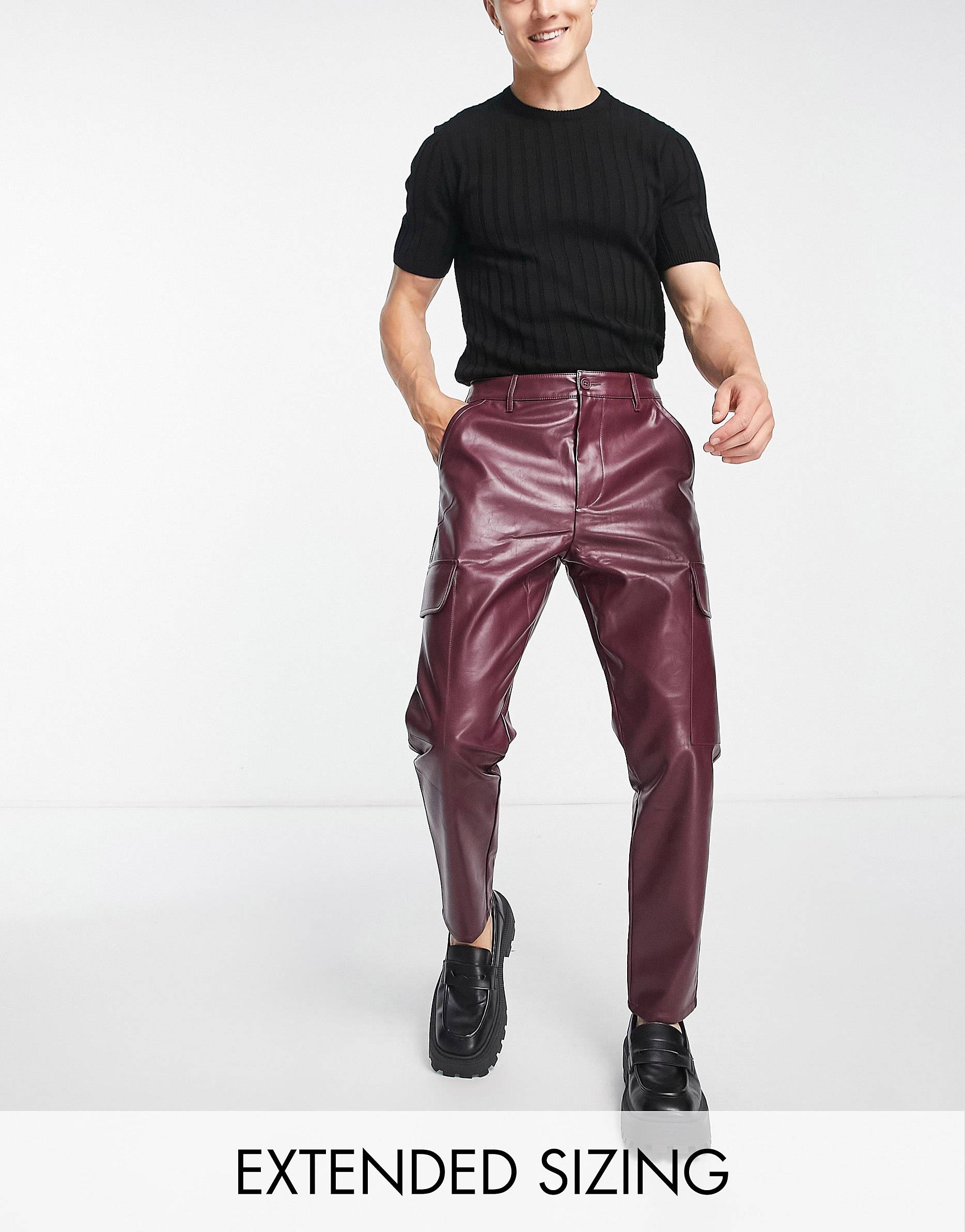 Бордовые зауженные брюки карго из искусственной кожи ASOS DESIGN